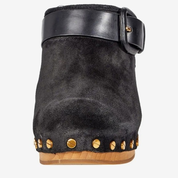 Veronica Beard Dacey buckled studded black suede stacked heel clogs size 9.5 new - Picture 6 of 11